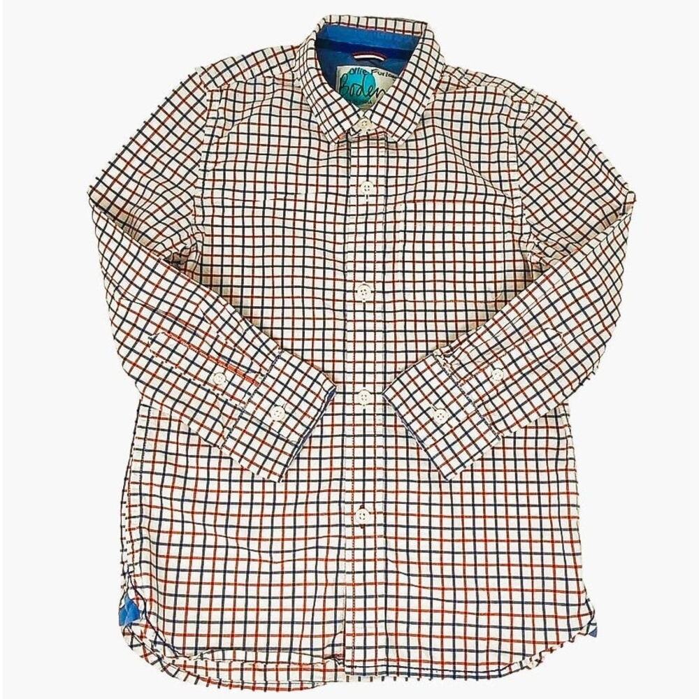 BODEN Boys Button Down Long Sleeve Red White Blue Dress Shirt ~ Size 6-7 Yrs.